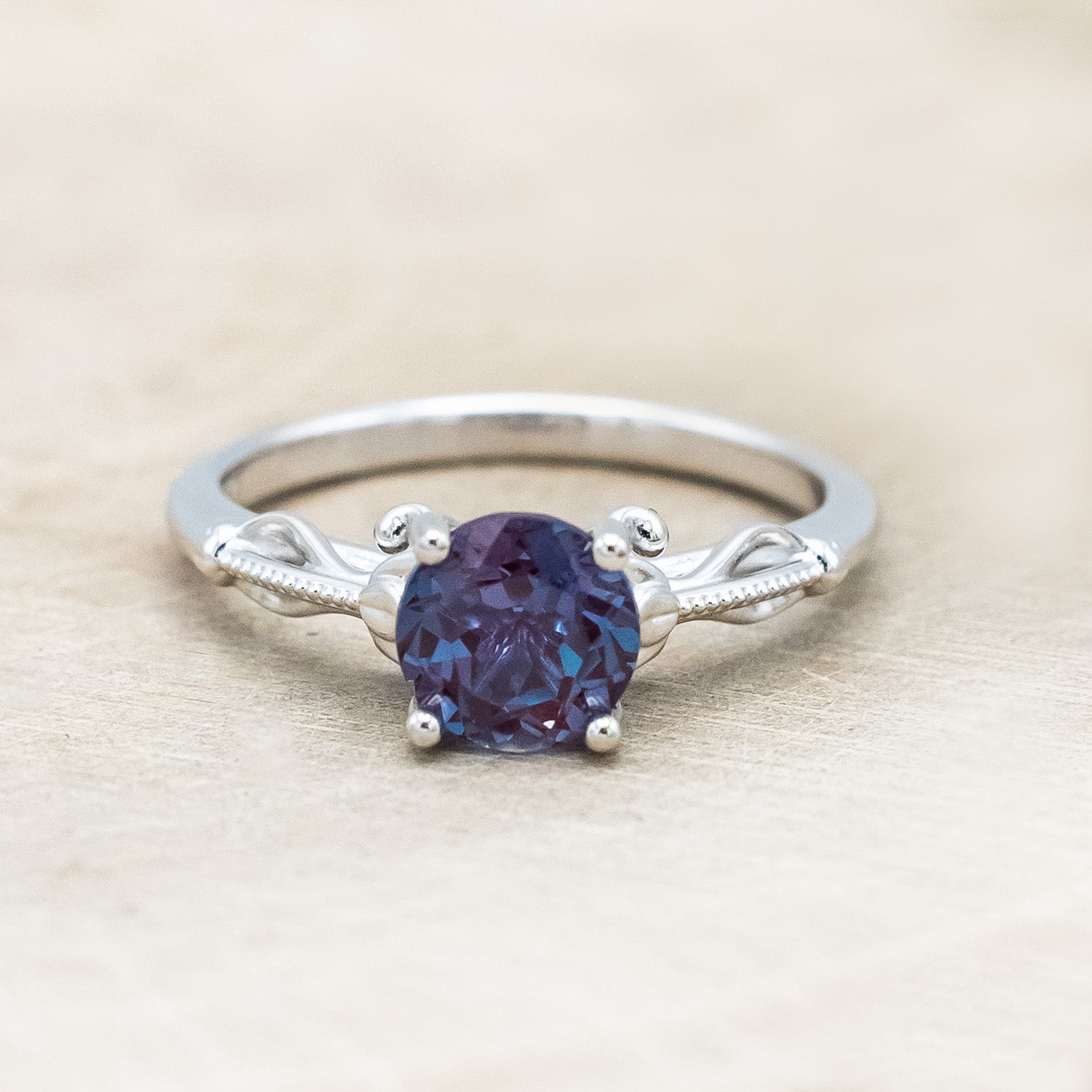 "ROSEMARY" - FLORAL-STYLE ENGAGEMENT RING WITH ROUND CUT LAB-GROWN ALEXANDRITE-Staghead Designs