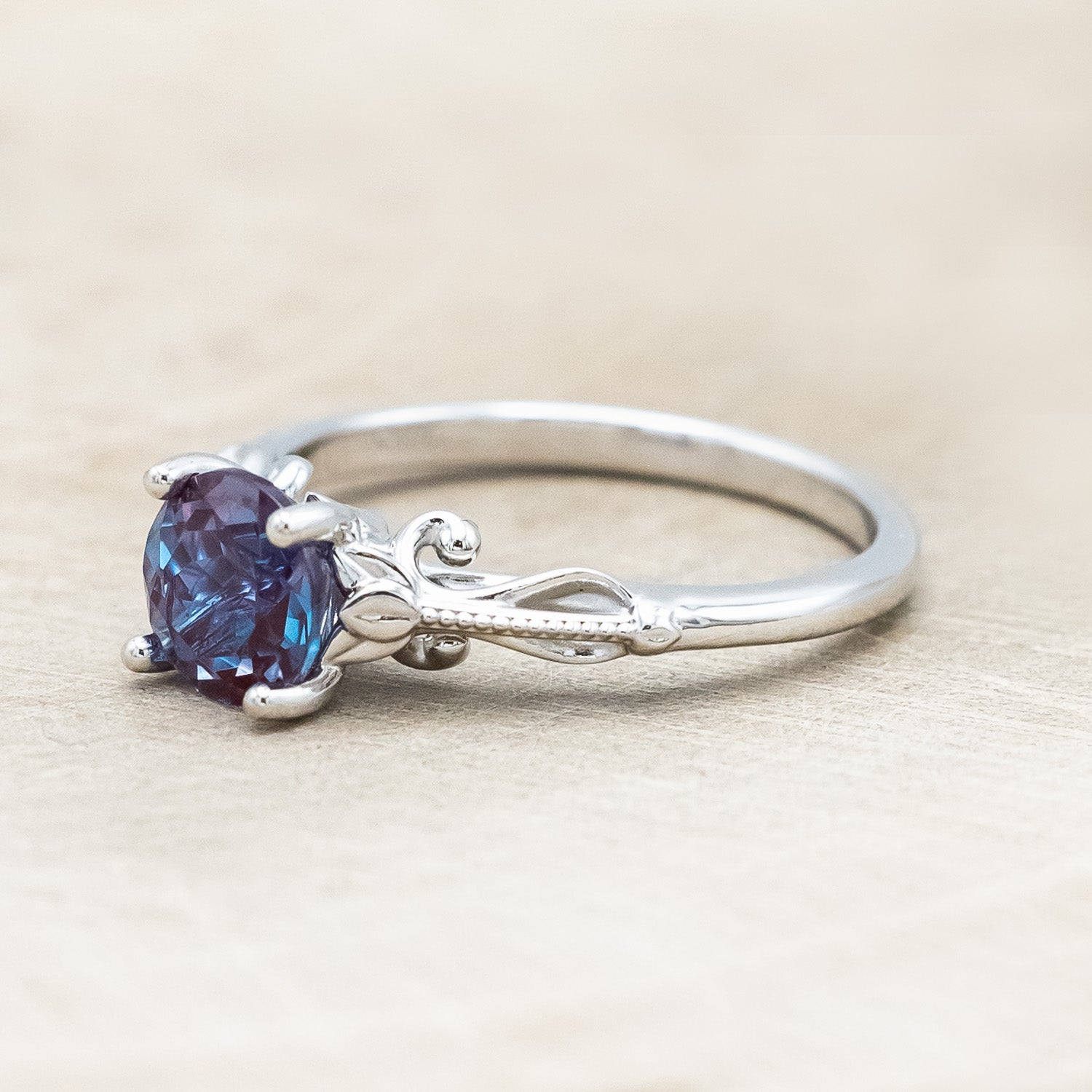 "ROSEMARY" - FLORAL-STYLE ENGAGEMENT RING WITH ROUND CUT LAB-GROWN ALEXANDRITE-Staghead Designs