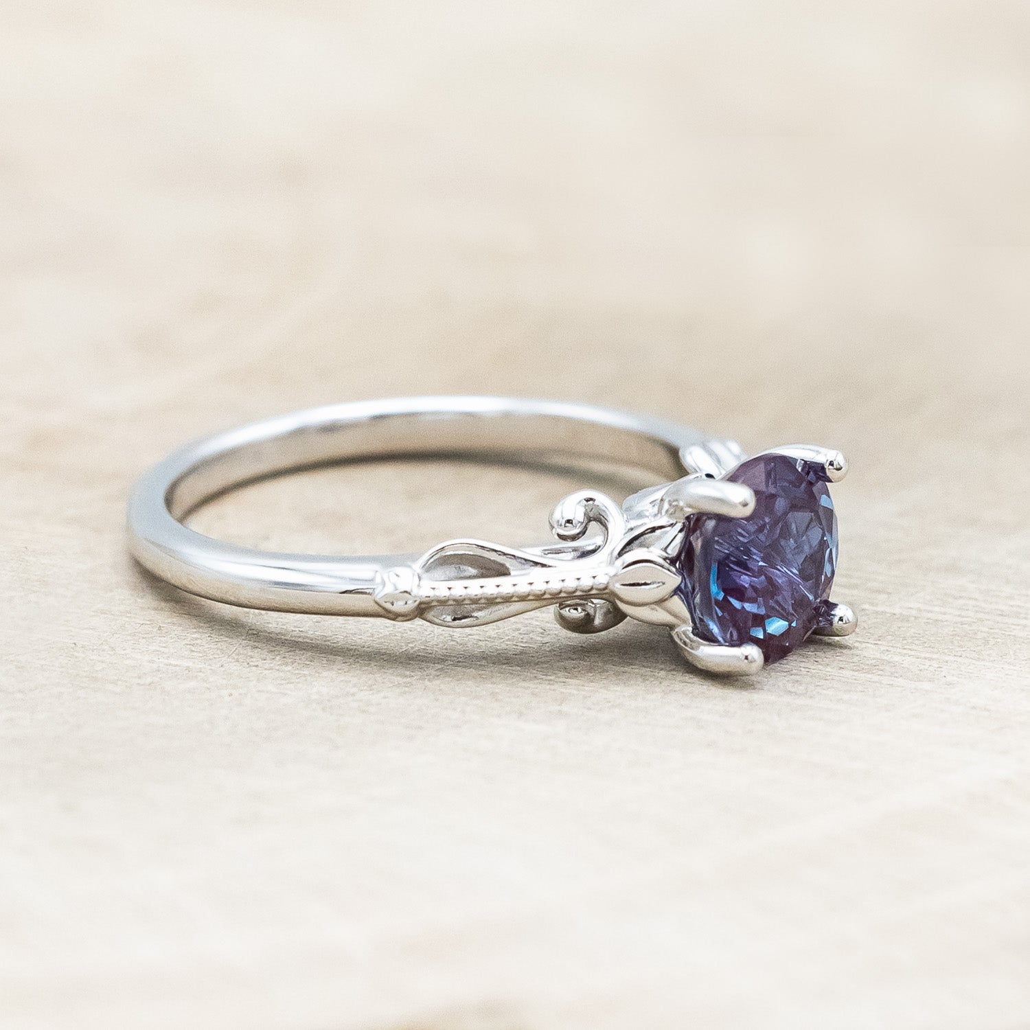 "ROSEMARY" - FLORAL-STYLE ENGAGEMENT RING WITH ROUND CUT LAB-GROWN ALEXANDRITE-Staghead Designs