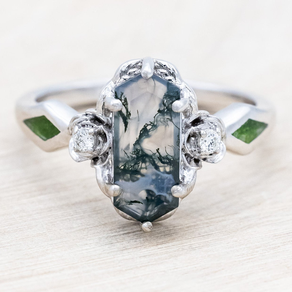 "Rosetta" - floral-inspired hexagon moss agate women's engagement ring with diamond accents & moss inlays