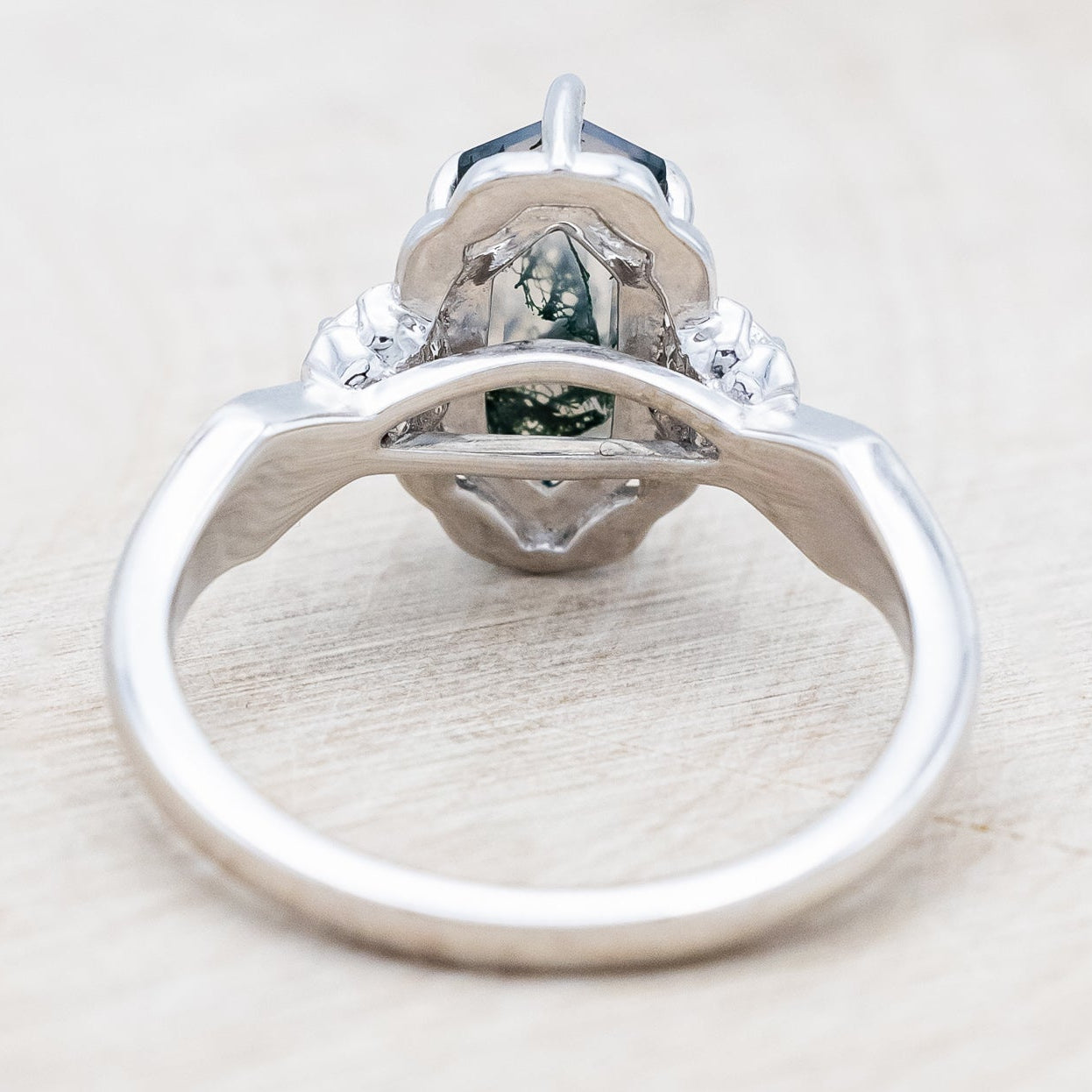 Back view of "Rosetta" - floral-inspired hexagon moss agate women's engagement ring with diamond accents & moss inlays