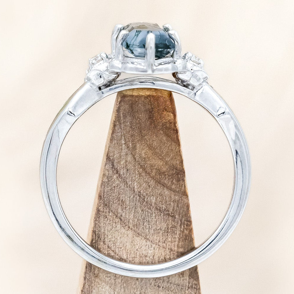 Top view of "Rosetta" - floral-inspired hexagon moss agate women's engagement ring with diamond accents & moss inlays