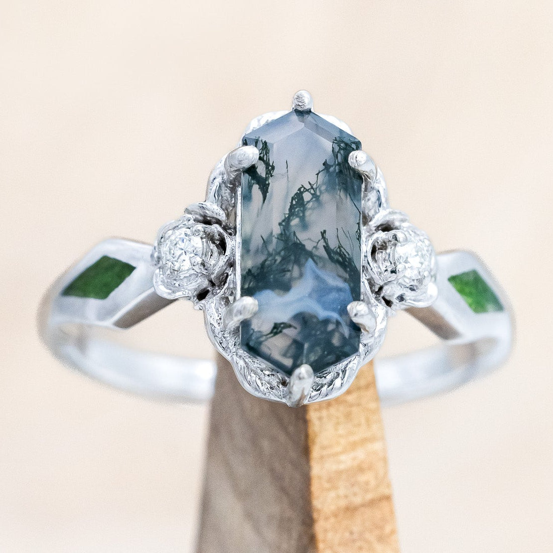 "Rosetta" - floral-inspired hexagon moss agate women's engagement ring with diamond accents & moss inlays