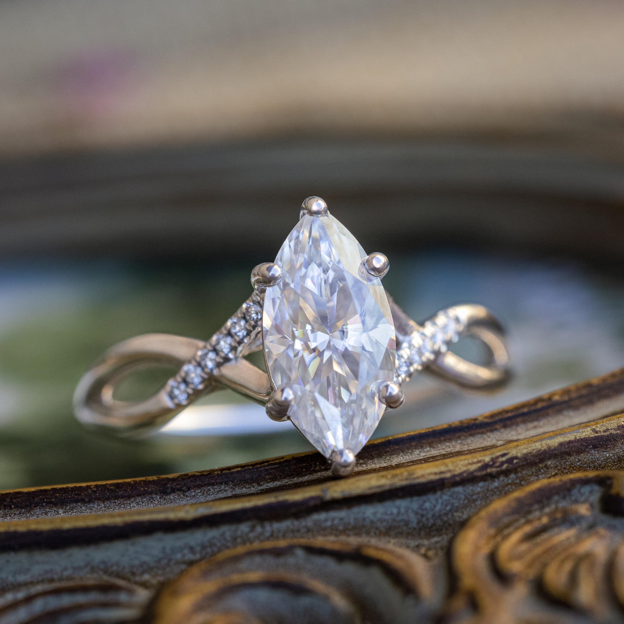 "Roslyn" - Marquise Cut Moissanite Engagement Ring With Diamond Accents-Staghead Designs