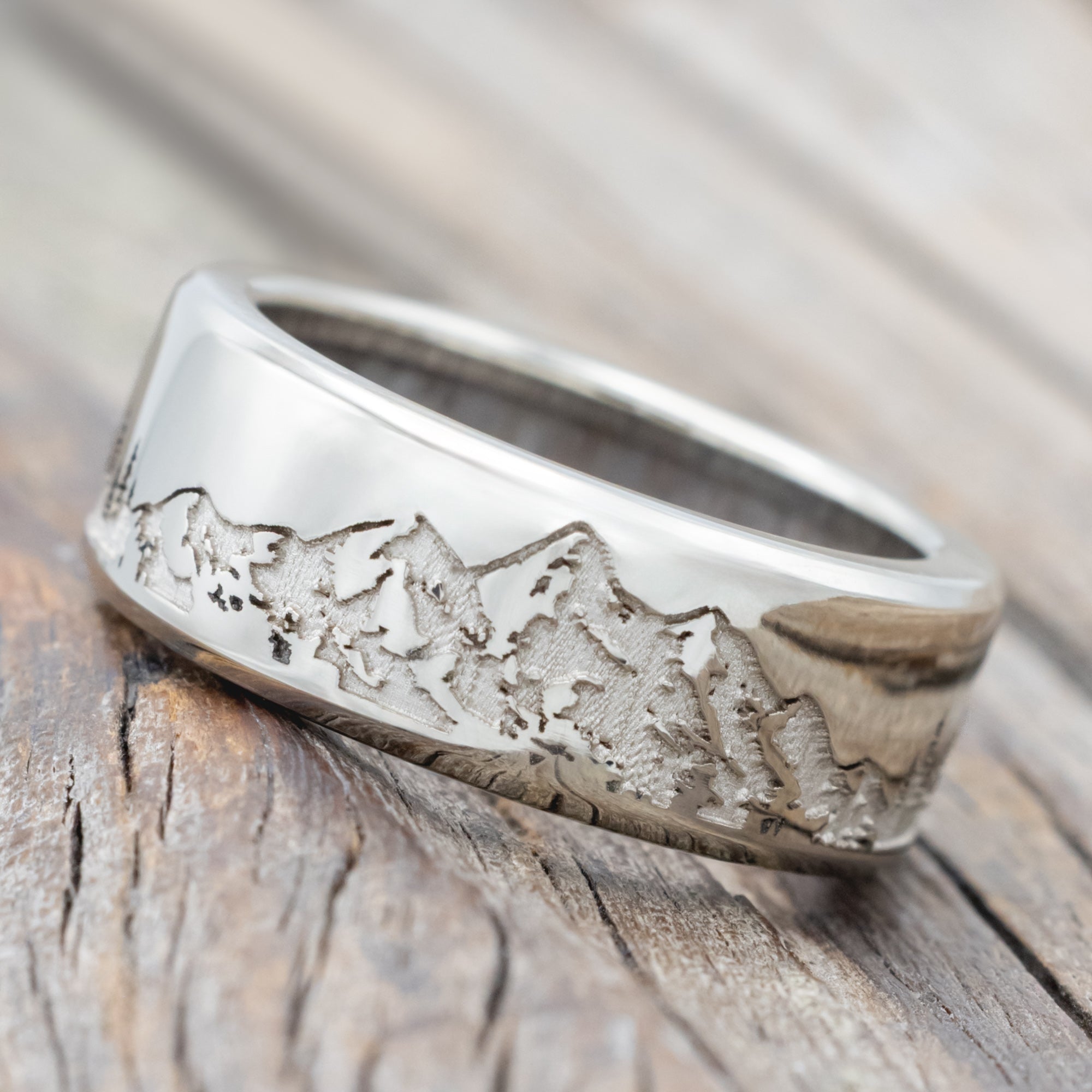 "ROSS" - MOUNTAIN & FOREST ENGRAVED WEDDING BAND WITH CUSTOM LINING-Staghead Designs