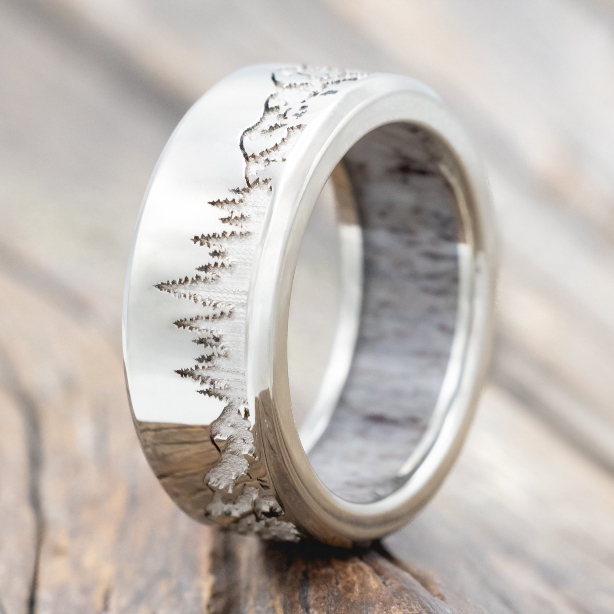 "ROSS" - MOUNTAIN & FOREST ENGRAVED WEDDING BAND WITH CUSTOM LINING-Staghead Designs