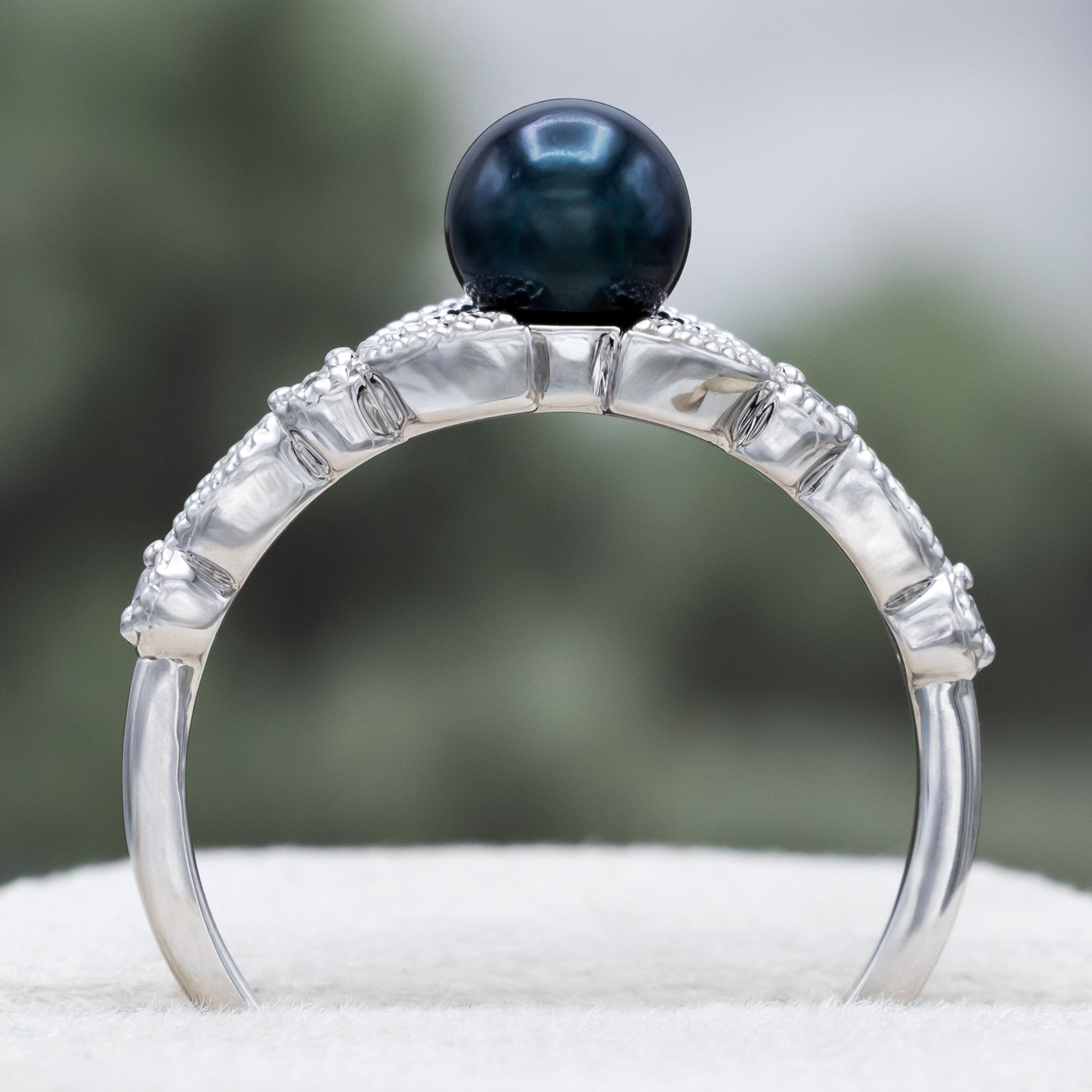 ROUND AKOYA PEARL ENGAGEMENT RING WITH DIAMOND ACCENTS-Staghead Designs