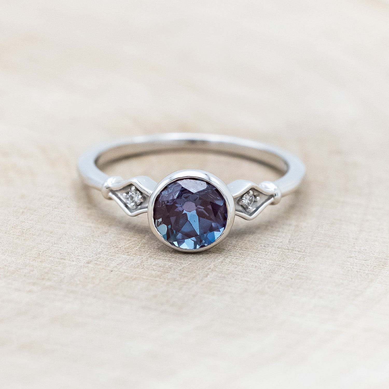 ROUND CUT LAB-GROWN ALEXANDRITE ENGAGEMENT RING WITH DIAMOND ACCENTS-Staghead Designs