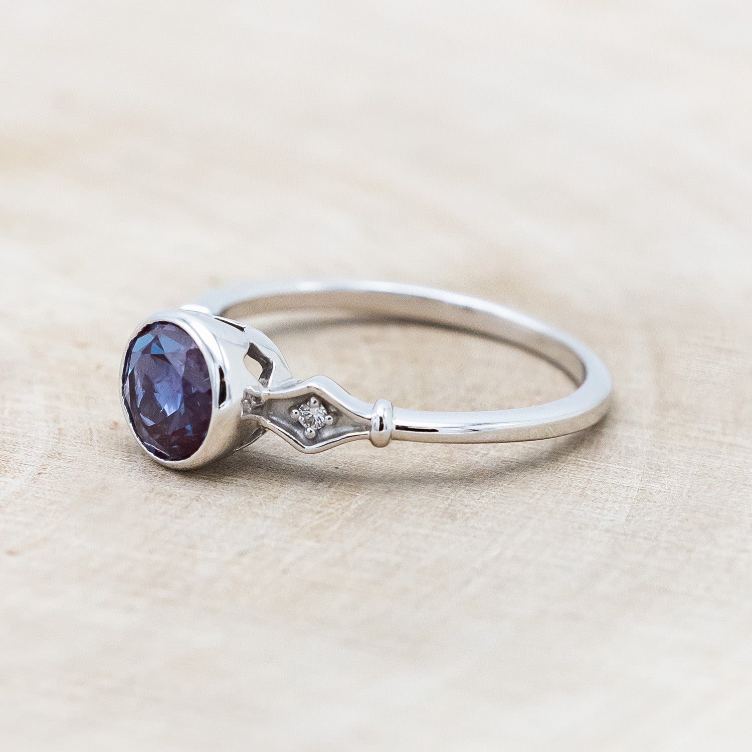 ROUND CUT LAB-GROWN ALEXANDRITE ENGAGEMENT RING WITH DIAMOND ACCENTS-Staghead Designs