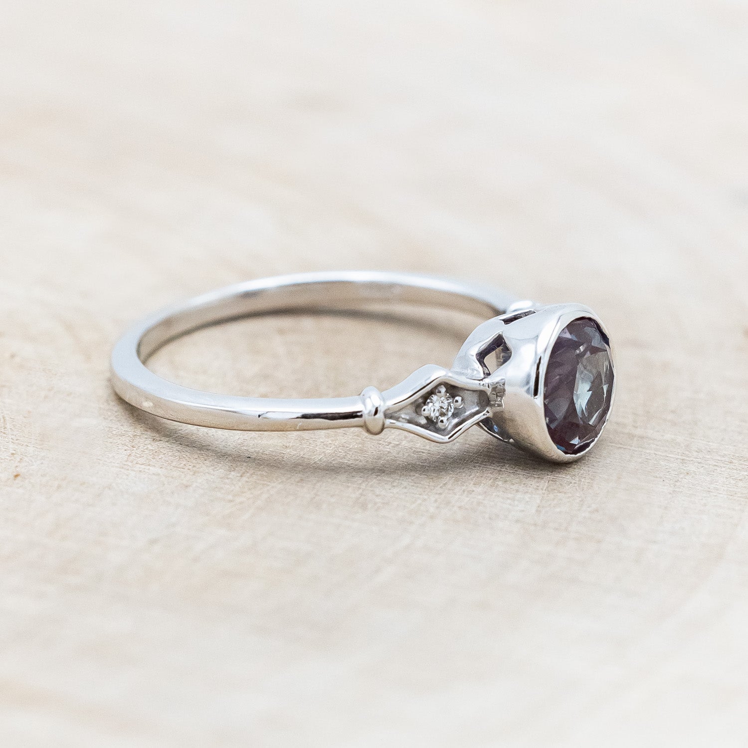 ROUND CUT LAB-GROWN ALEXANDRITE ENGAGEMENT RING WITH DIAMOND ACCENTS-Staghead Designs