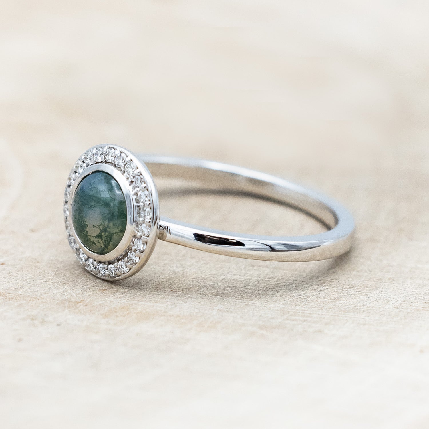 "TERRA" - ROUND CABOCHON CUT MOSS AGATE ENGAGEMENT RING WITH DIAMOND HALO-Staghead Designs