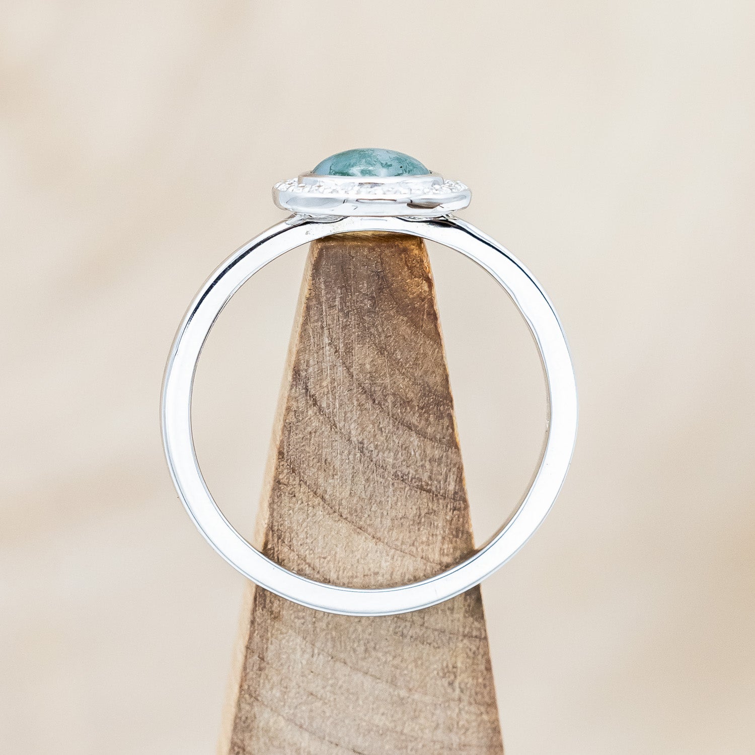 "TERRA" - ROUND CABOCHON CUT MOSS AGATE ENGAGEMENT RING WITH DIAMOND HALO-Staghead Designs