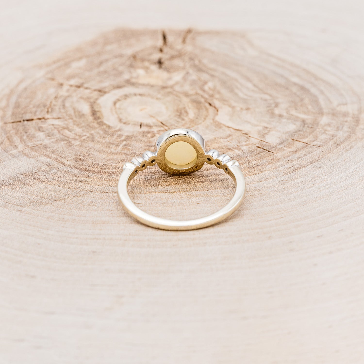 "Alouette" - Round Cabochon Cut Opal Engagement Ring With Diamond Accents - 14K White Gold - Size 6 1/4