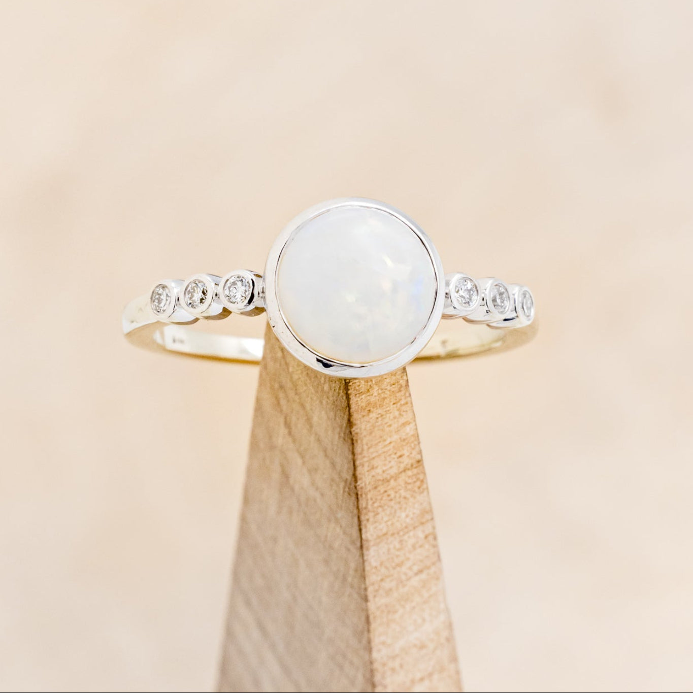 "Alouette" - Round Cabochon Cut Opal Engagement Ring With Diamond Accents - 14K White Gold - Size 6 1/4-Staghead Designs