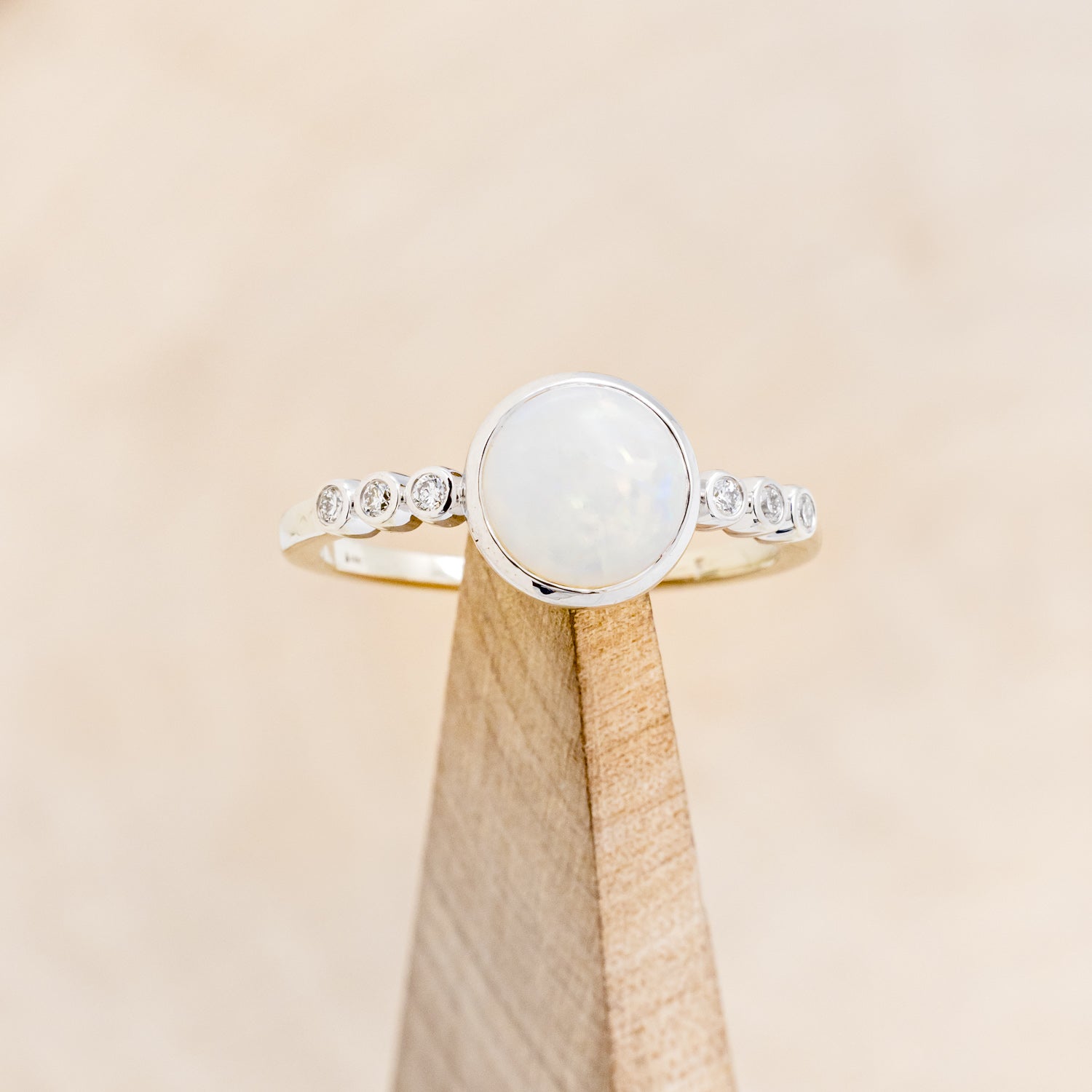 "Alouette" - Round Cabochon Cut Opal Engagement Ring With Diamond Accents - 14K White Gold - Size 6 1/4
