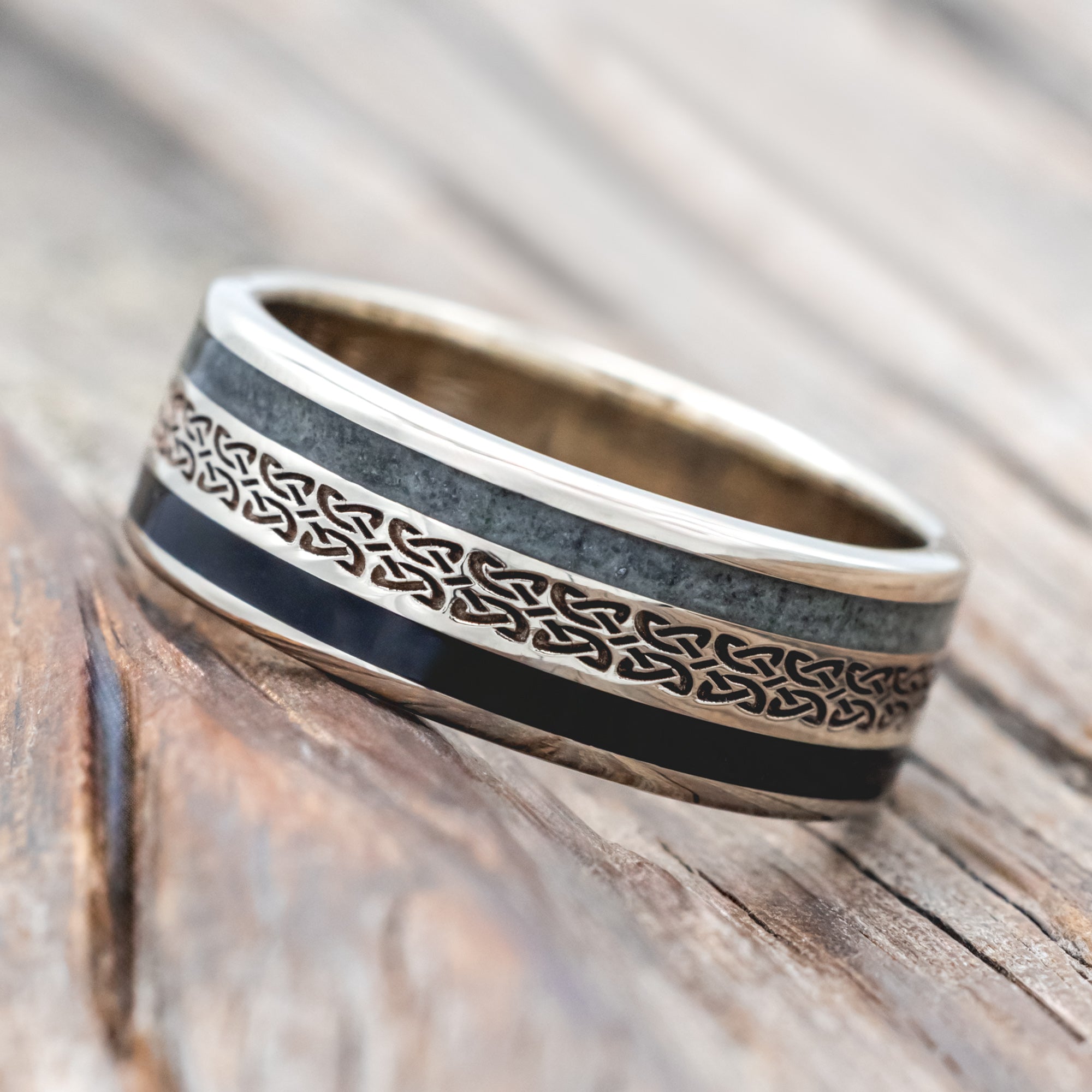 "RYDER" - CELTIC LOVE KNOT ENGRAVED BAND WITH CRUSHED MOSS AGATE & JET STONE INLAYS-Staghead Designs