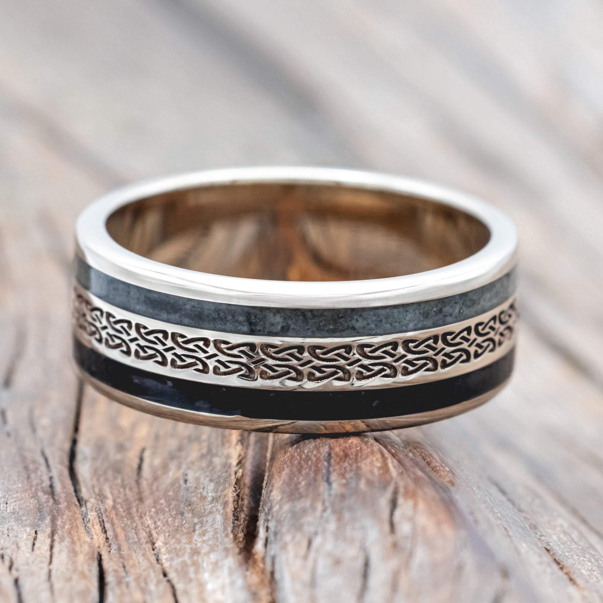 "RYDER" - CELTIC LOVE KNOT ENGRAVED BAND WITH CRUSHED MOSS AGATE & JET STONE INLAYS-Staghead Designs