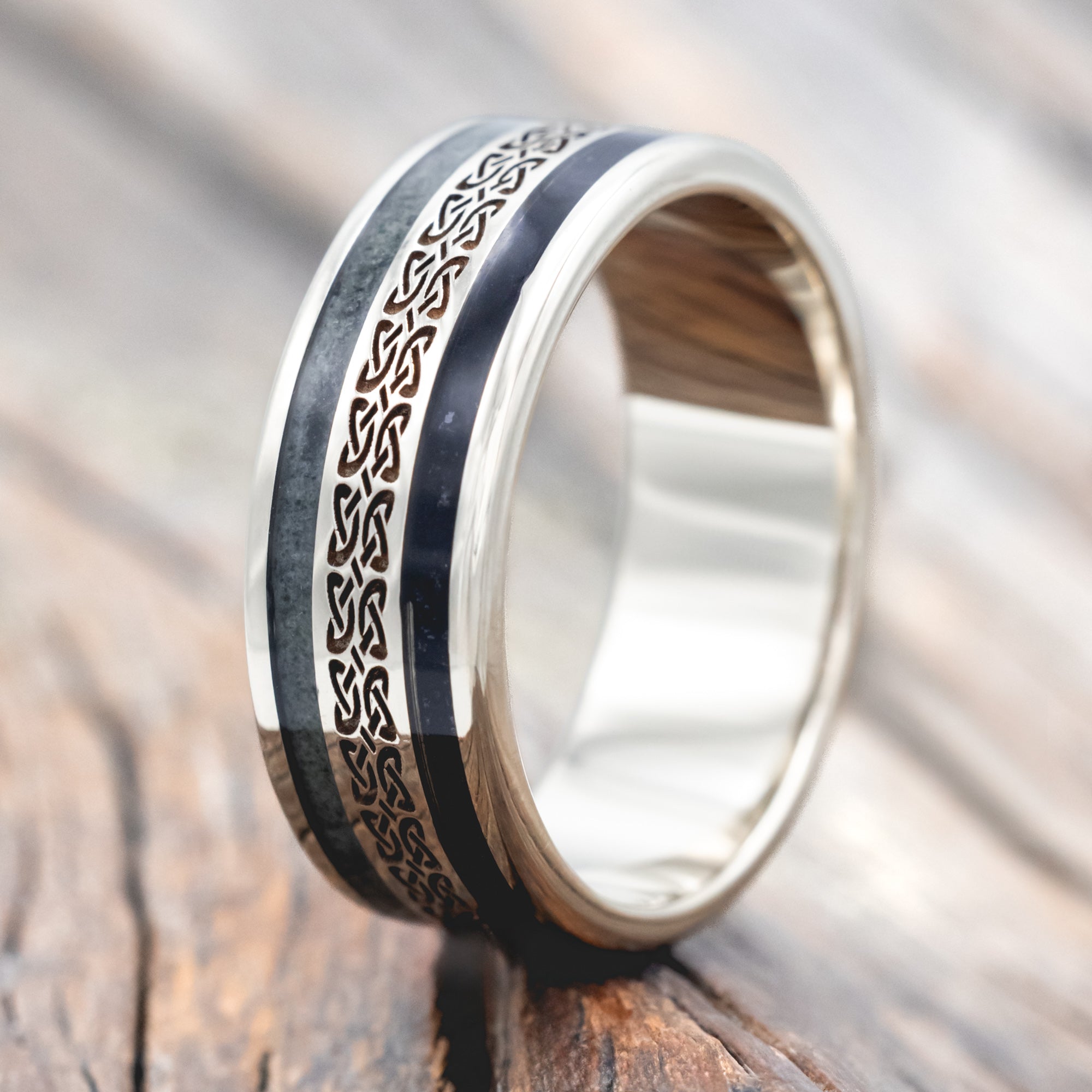 "RYDER" - CELTIC LOVE KNOT ENGRAVED BAND WITH CRUSHED MOSS AGATE & JET STONE INLAYS-Staghead Designs