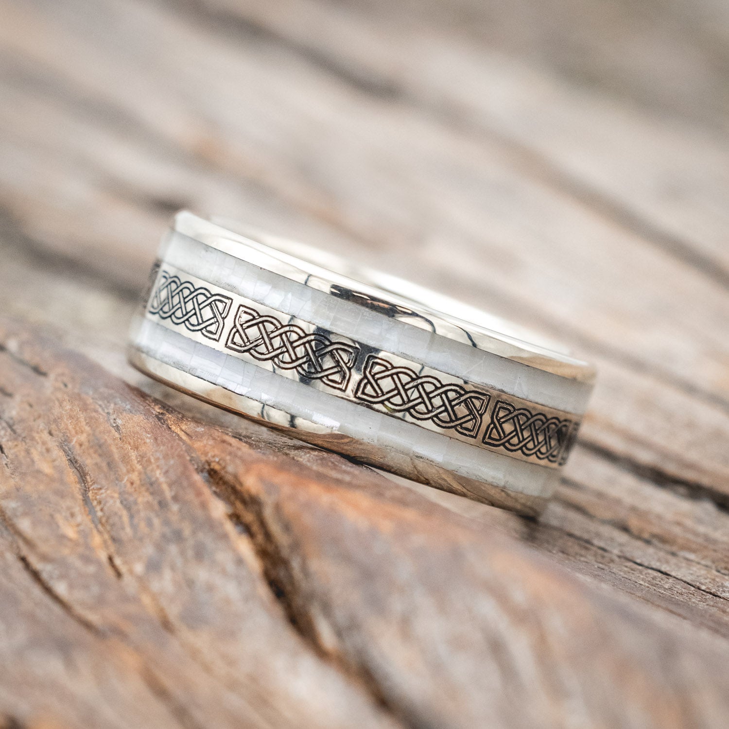 "RYDER" - CELTIC SAILOR'S KNOT ENGRAVED & MOTHER OF PEARL WEDDING RING-Staghead Designs