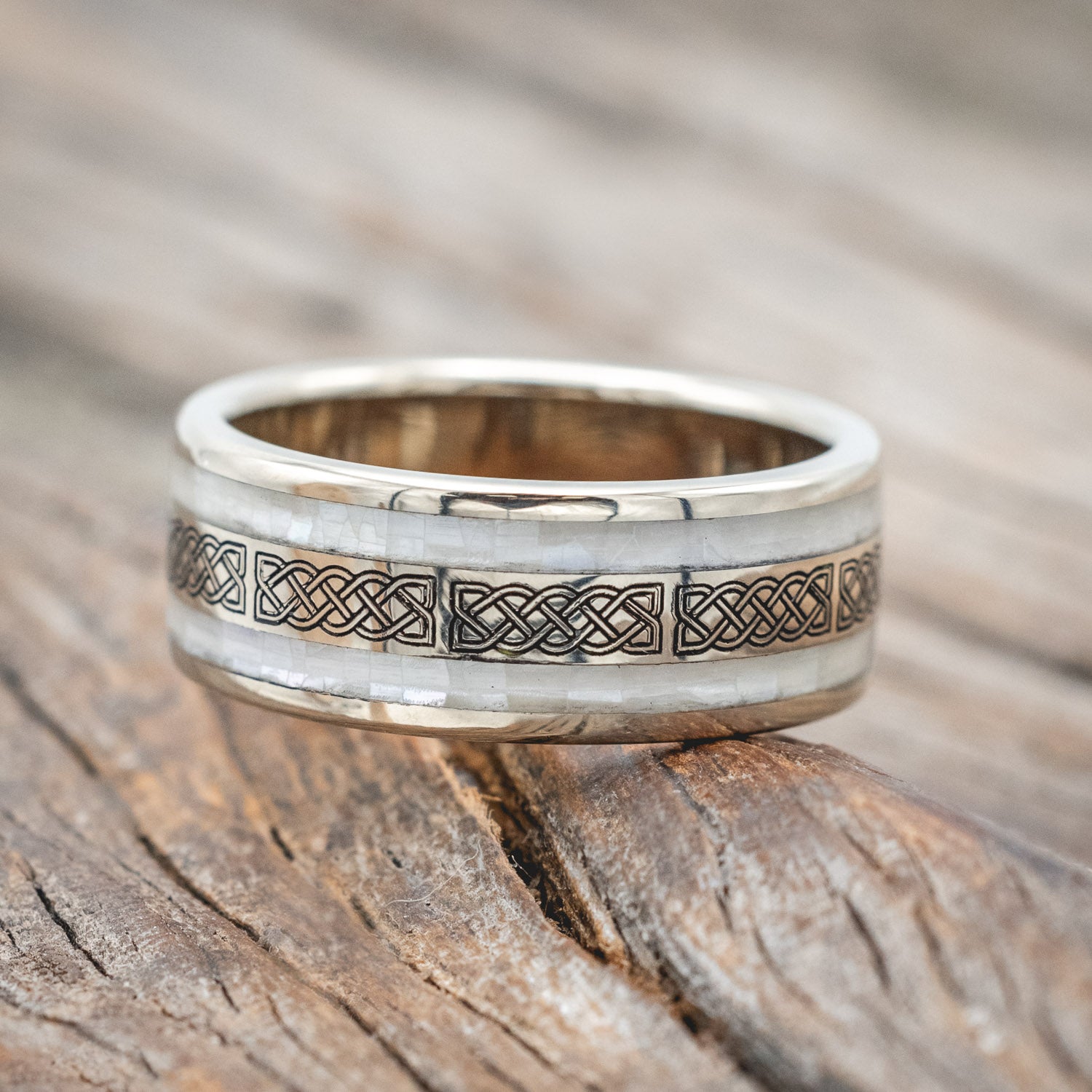 "RYDER" - CELTIC SAILOR'S KNOT ENGRAVED & MOTHER OF PEARL WEDDING RING-Staghead Designs