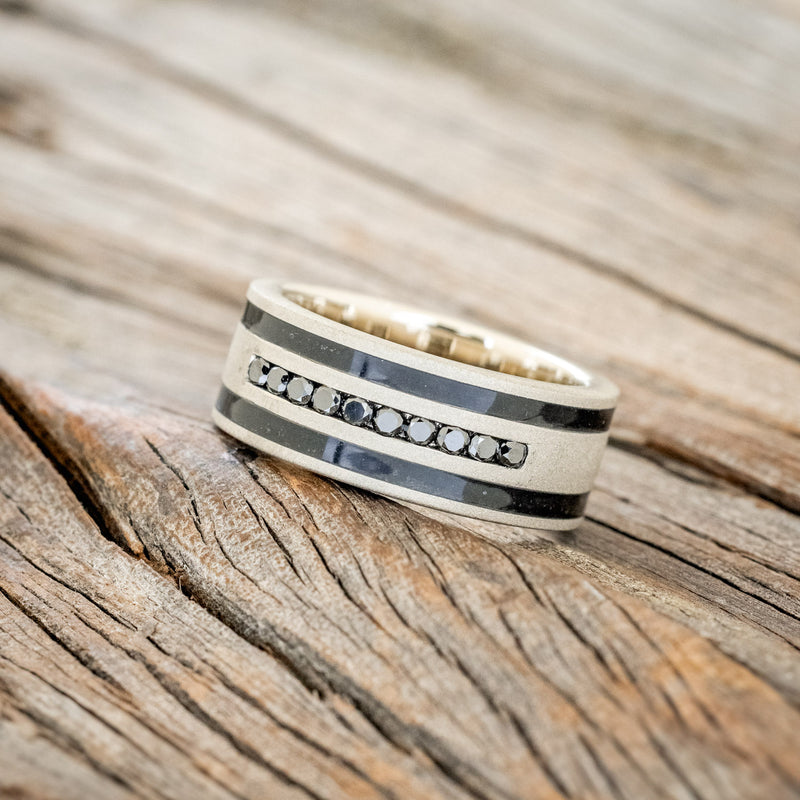 "RYDER" - BLACK DIAMONDS & JET STONE INLAYS WEDDING BAND WITH A SANDBLASTED FINISH-5