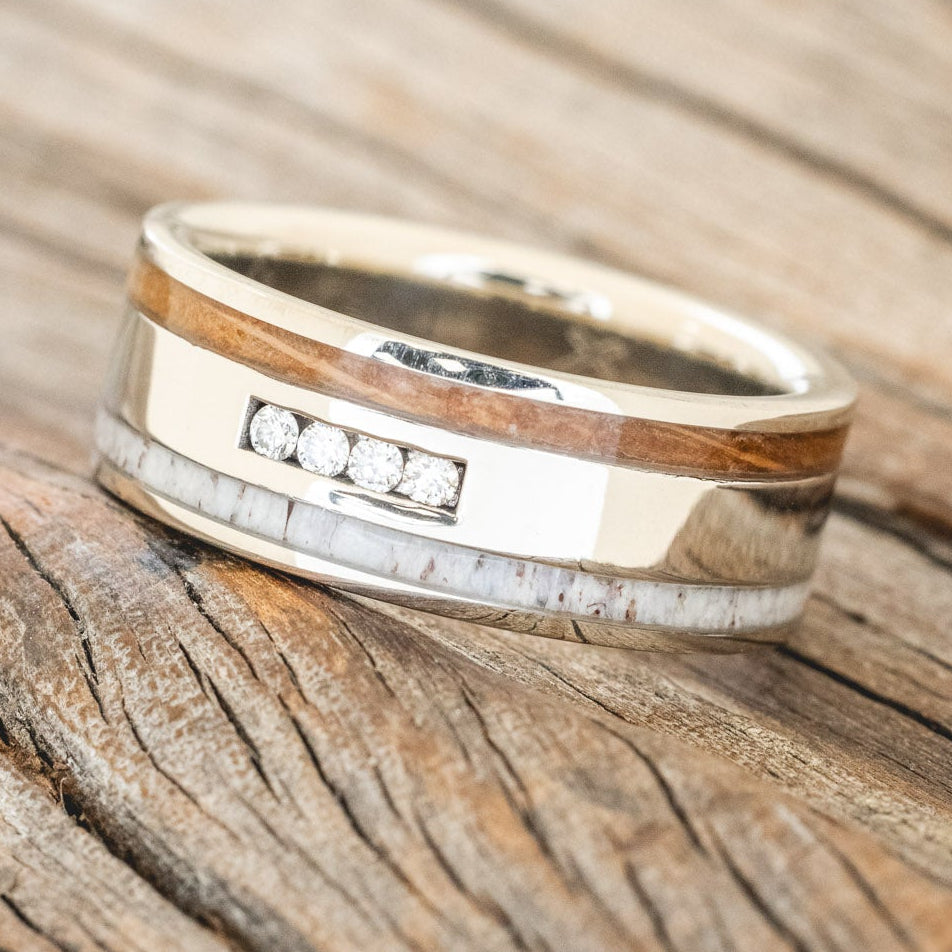 "RYDER" - DIAMONDS, WHISKEY BARREL & ANTLER WEDDING BAND-2