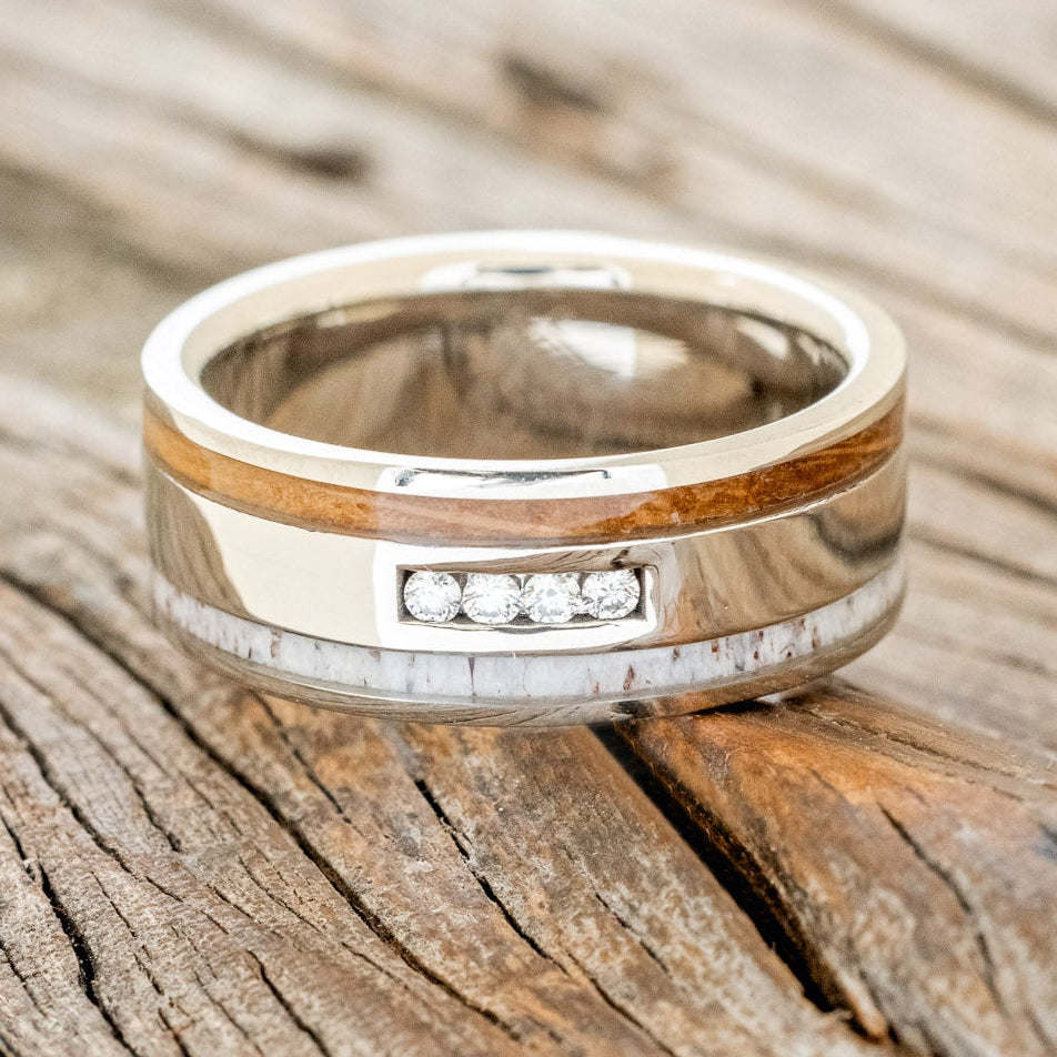 "RYDER" - DIAMONDS, WHISKEY BARREL & ANTLER WEDDING BAND-3