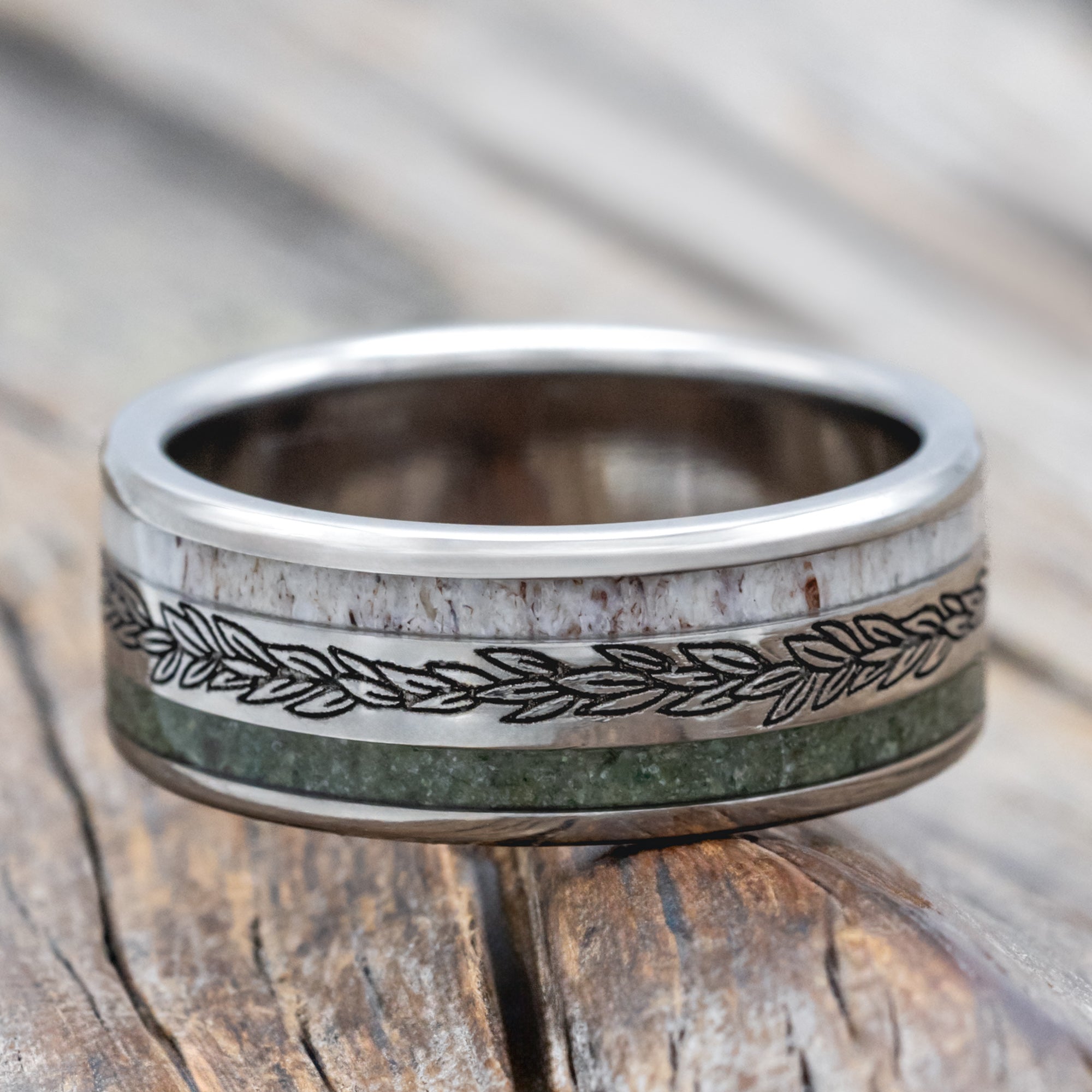 "Ryder" - Laurel Engraved Wedding Ring With Antler and Moss Agate - Titanium (8mm) - Size 9