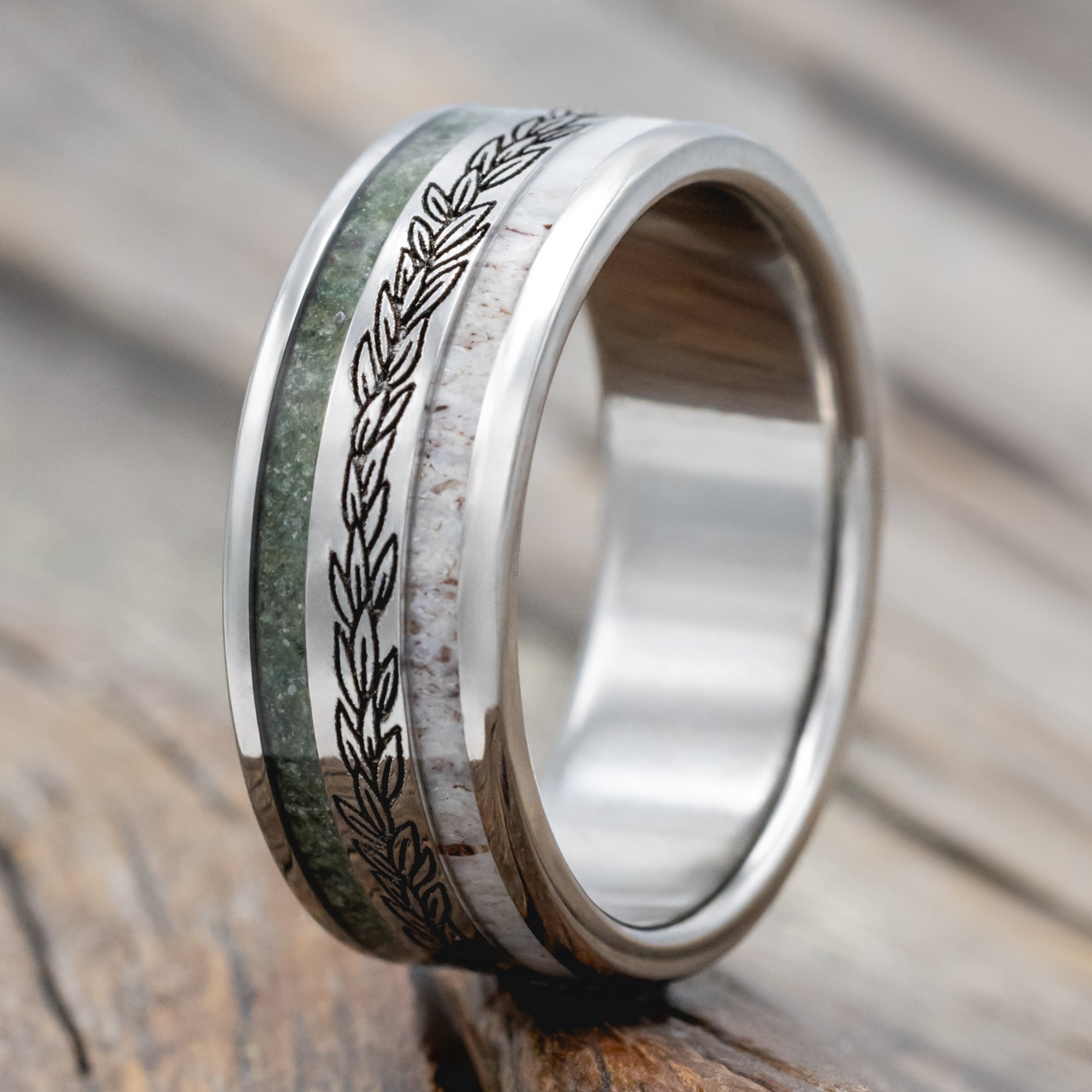 "Ryder" - Laurel Engraved Wedding Ring With Antler and Moss Agate - Titanium (8mm) - Size 9