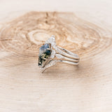 "SAGE" - BRIDAL SUITE - KITE CUT MOSS AGATE ENGAGEMENT RING WITH DIAMOND ACCENTS & TRACERS