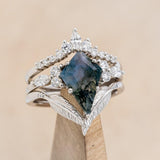 "SAGE" - BRIDAL SUITE - KITE CUT MOSS AGATE ENGAGEMENT RING WITH DIAMOND ACCENTS & TRACERS