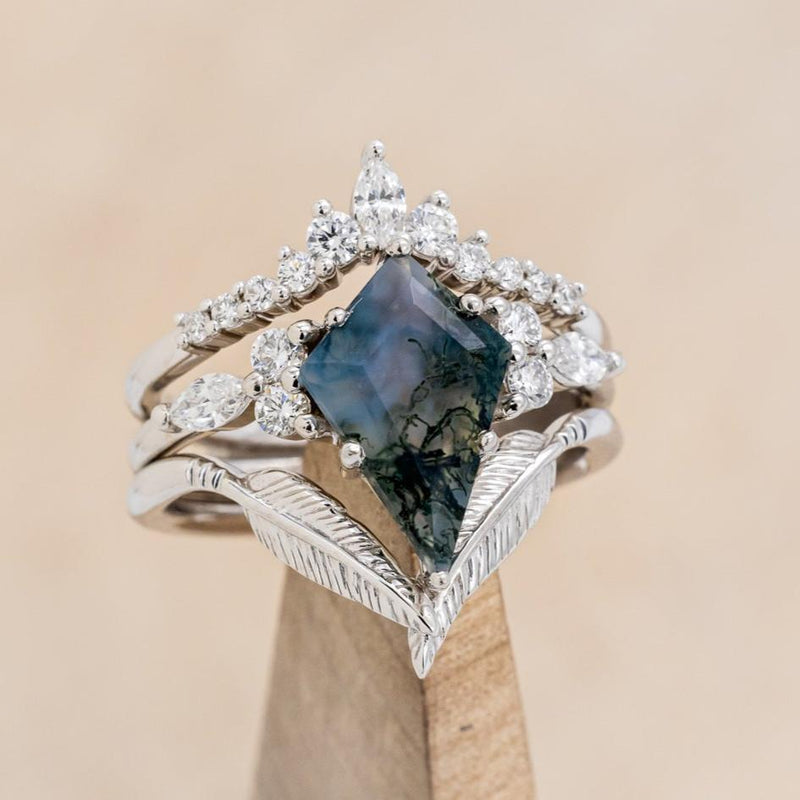 "SAGE" - BRIDAL SUITE - KITE CUT MOSS AGATE ENGAGEMENT RING WITH DIAMOND ACCENTS & TRACERS