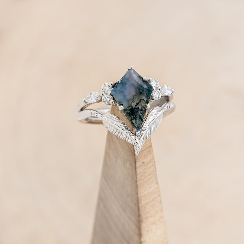"SAGE" - BRIDAL SUITE - KITE CUT MOSS AGATE ENGAGEMENT RING WITH DIAMOND ACCENTS & TRACERS