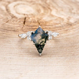 "SAGE" - BRIDAL SUITE - KITE CUT MOSS AGATE ENGAGEMENT RING WITH DIAMOND ACCENTS & TRACERS