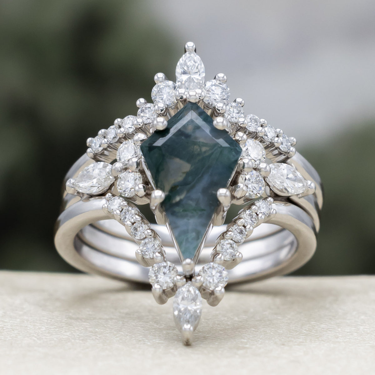 "Sage" - Bridal Suite - Kite Cut Moss Agate Engagement Ring With Diamond Accents & Tracers-Staghead Designs