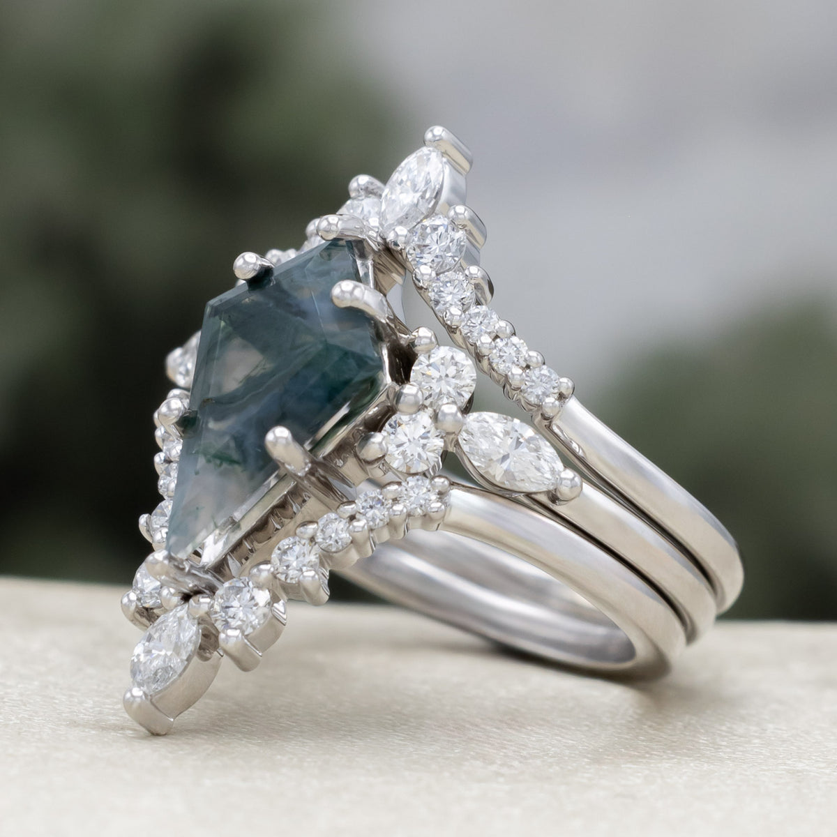 "Sage" - Bridal Suite - Kite Cut Moss Agate Engagement Ring With Diamond Accents & Tracers-Staghead Designs