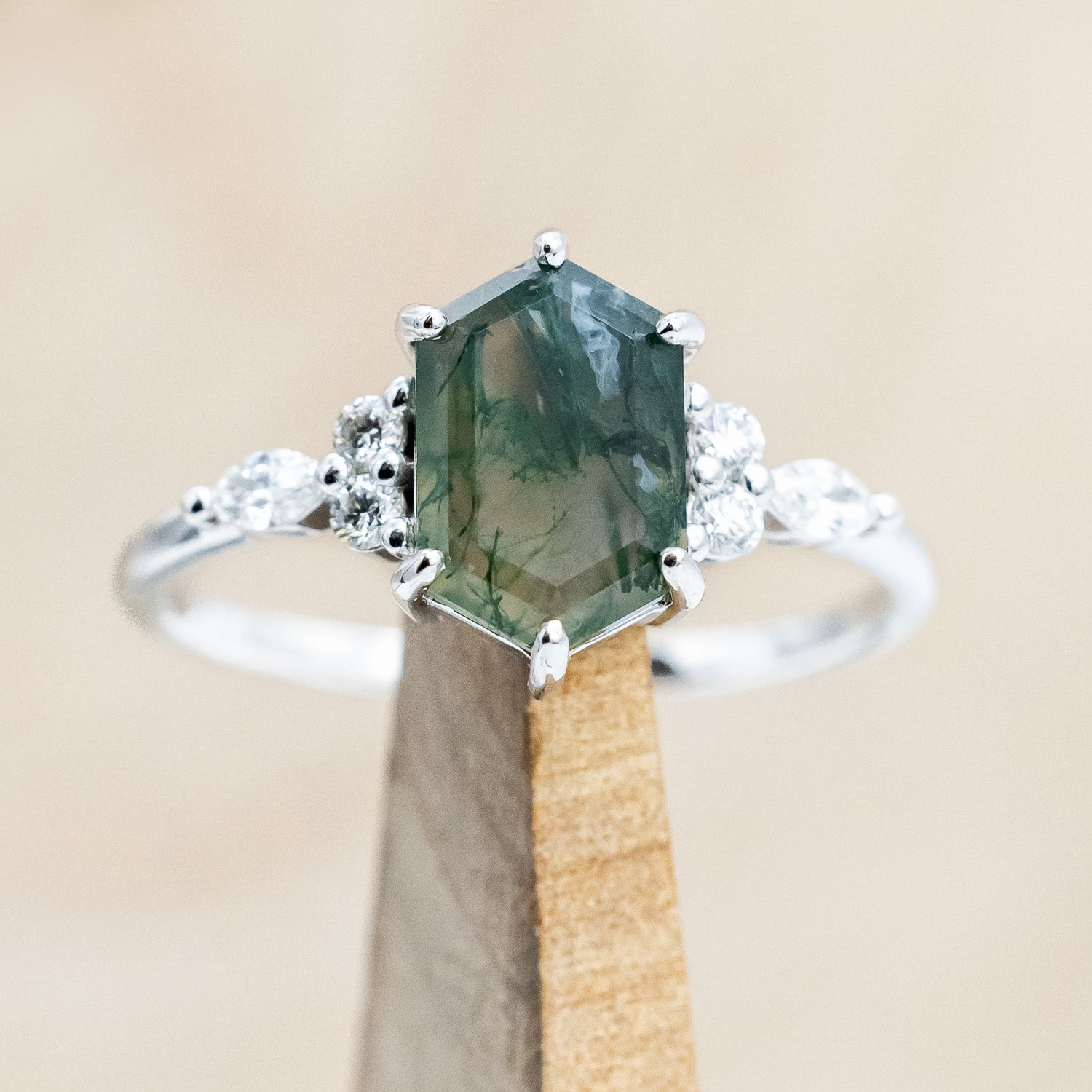 "SAGE" - ELONGATED HEXAGON CUT MOSS AGATE ENGAGEMENT RING WITH DIAMOND ACCENTS-Staghead Designs