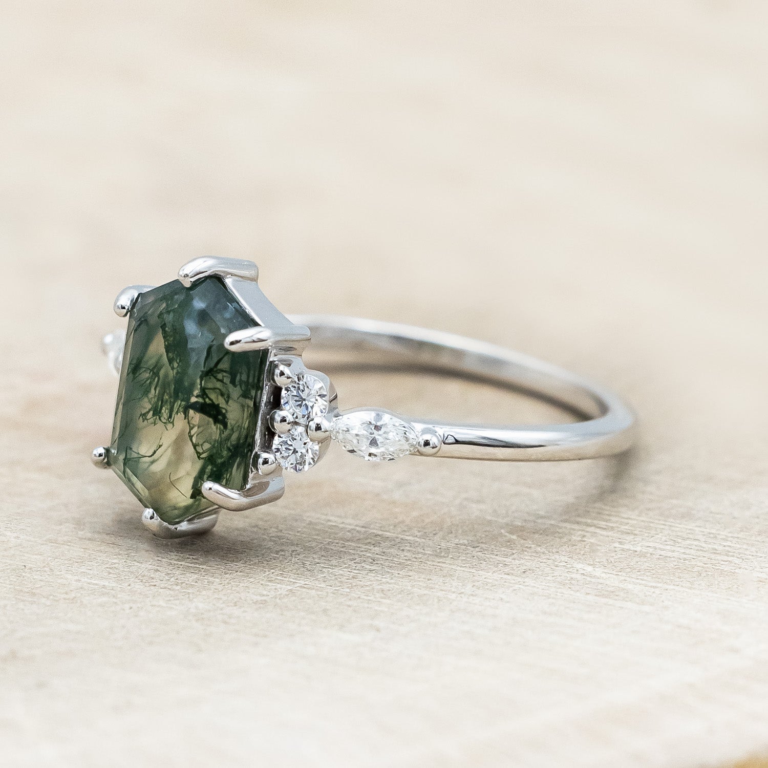 "SAGE" - ELONGATED HEXAGON CUT MOSS AGATE ENGAGEMENT RING WITH DIAMOND ACCENTS-Staghead Designs