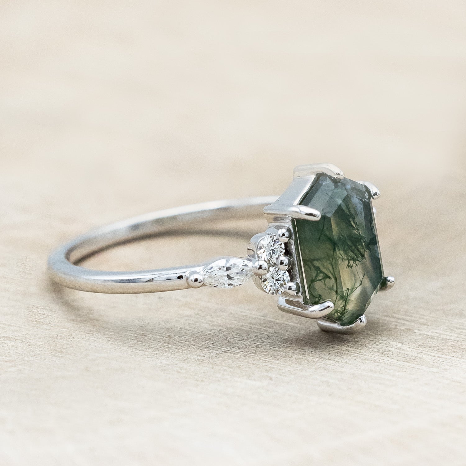 "SAGE" - ELONGATED HEXAGON CUT MOSS AGATE ENGAGEMENT RING WITH DIAMOND ACCENTS-Staghead Designs
