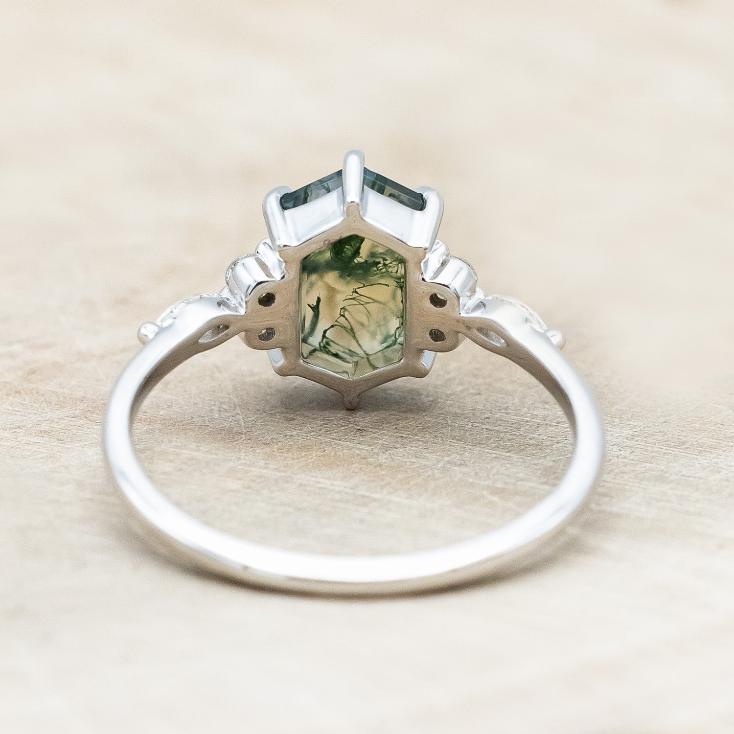 "SAGE" - ELONGATED HEXAGON CUT MOSS AGATE ENGAGEMENT RING WITH DIAMOND ACCENTS-Staghead Designs
