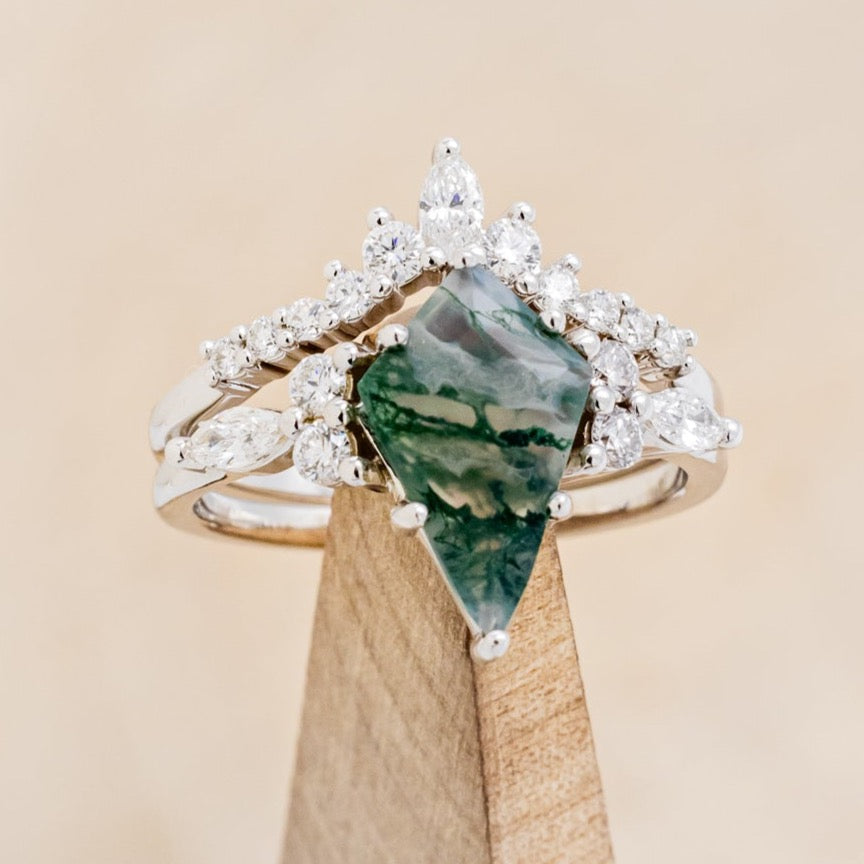 "SAGE" - KITE CUT MOSS AGATE ENGAGEMENT RING WITH DIAMOND ACCENTS & DIAMOND TRACER-37