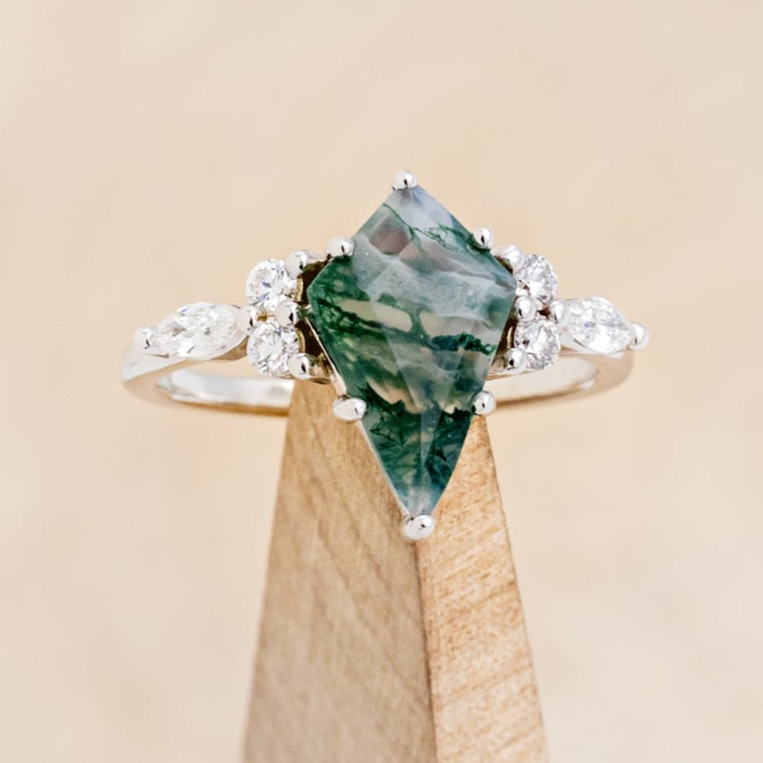 "SAGE" - KITE CUT MOSS AGATE ENGAGEMENT RING WITH DIAMOND ACCENTS & DIAMOND TRACER-43
