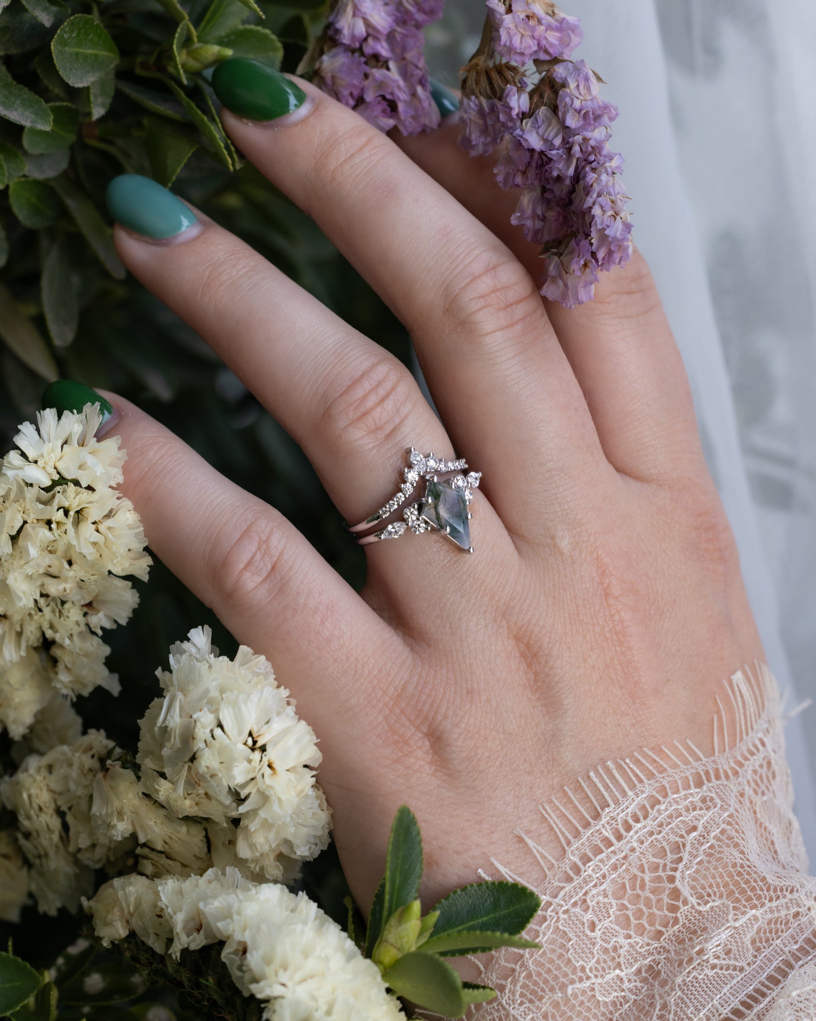 "SAGE" - KITE CUT MOSS AGATE ENGAGEMENT RING WITH DIAMOND ACCENTS & TRACER