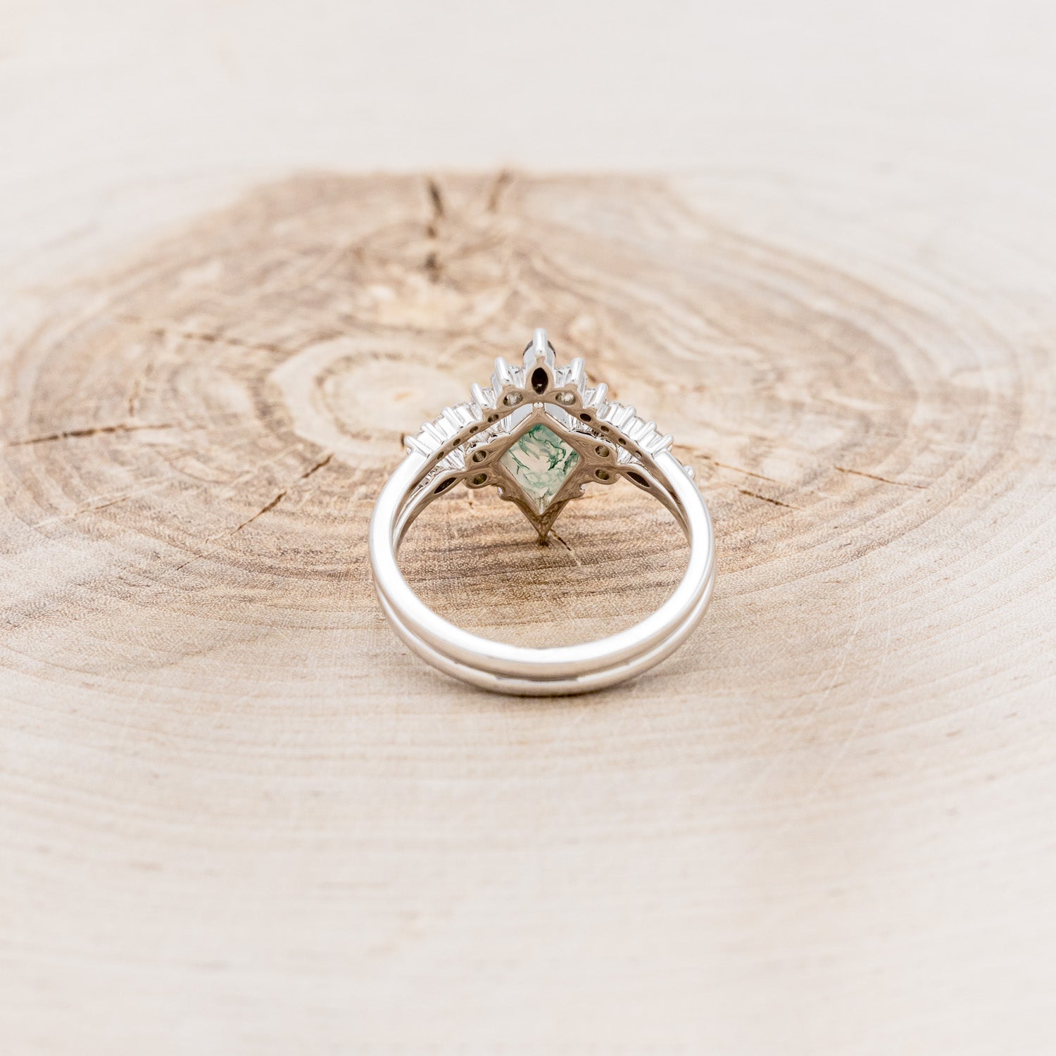 "SAGE" - KITE CUT MOSS AGATE ENGAGEMENT RING WITH BLACK DIAMOND ACCENTS & DIAMOND TRACER-5
