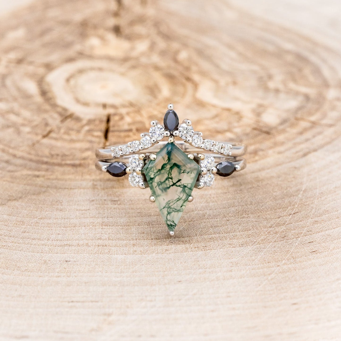 "SAGE" - KITE CUT MOSS AGATE ENGAGEMENT RING WITH BLACK DIAMOND ACCENTS & DIAMOND TRACER-4