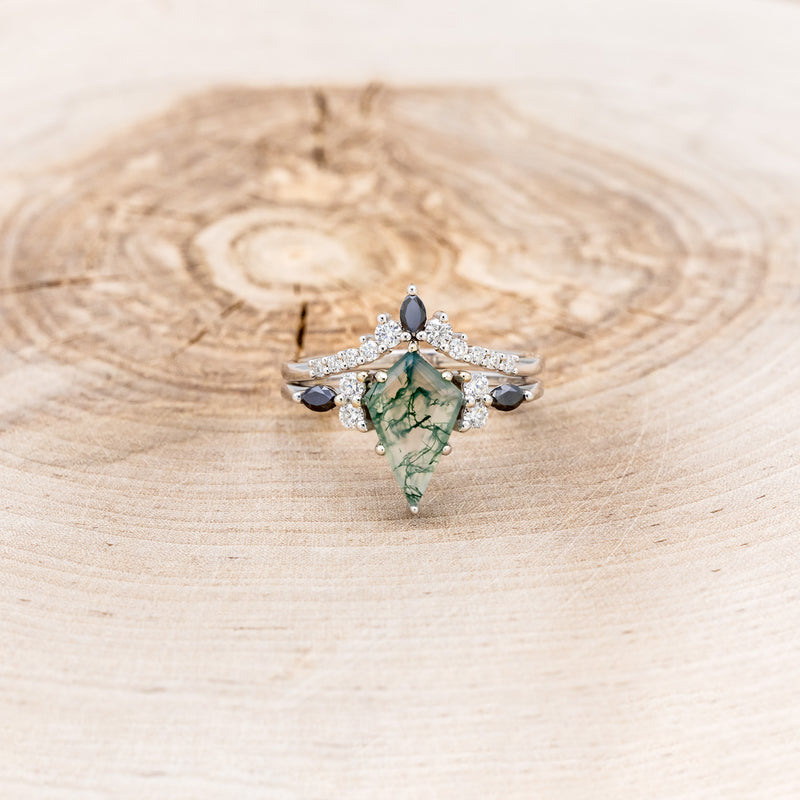 "SAGE" - KITE CUT MOSS AGATE ENGAGEMENT RING WITH BLACK DIAMOND ACCENTS & DIAMOND TRACER-4