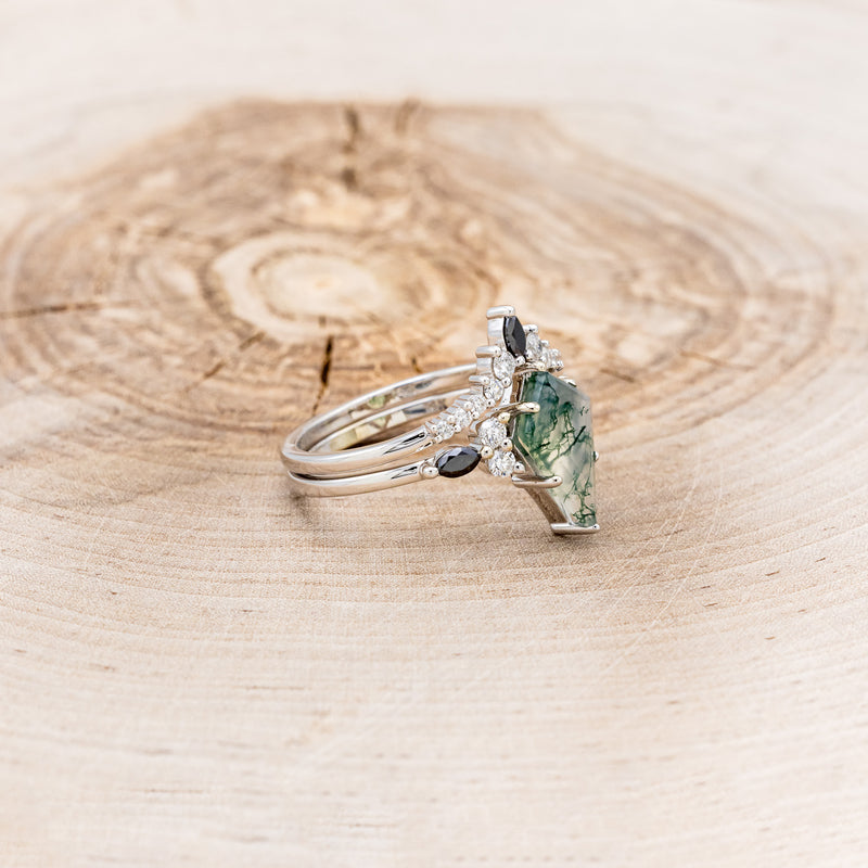 "SAGE" - KITE CUT MOSS AGATE ENGAGEMENT RING WITH BLACK DIAMOND ACCENTS & DIAMOND TRACER