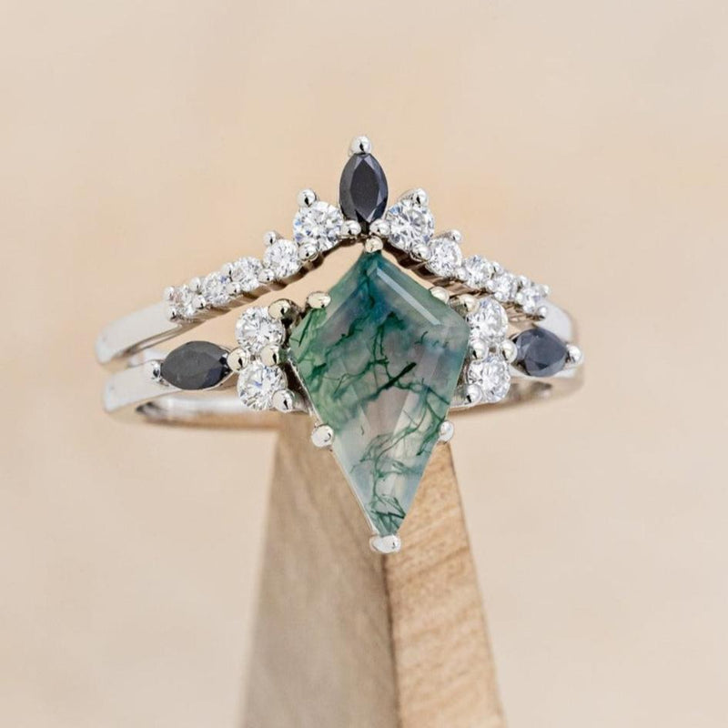 "SAGE" - KITE CUT MOSS AGATE ENGAGEMENT RING WITH BLACK DIAMOND ACCENTS & DIAMOND TRACER-1