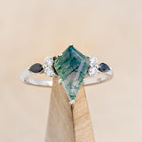 "SAGE" - KITE CUT MOSS AGATE ENGAGEMENT RING WITH BLACK DIAMOND ACCENTS & DIAMOND TRACER