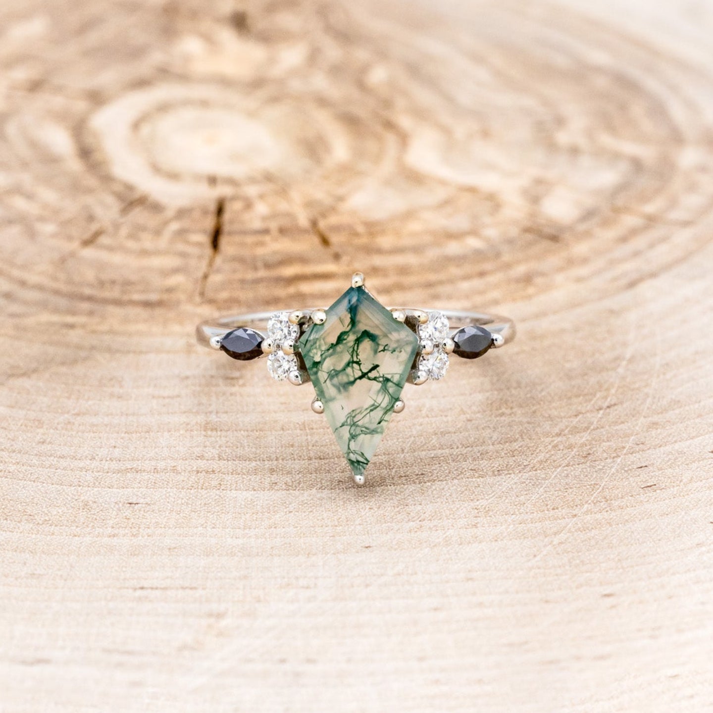 "SAGE" - KITE CUT MOSS AGATE ENGAGEMENT RING WITH BLACK DIAMOND ACCENTS & DIAMOND TRACER-10